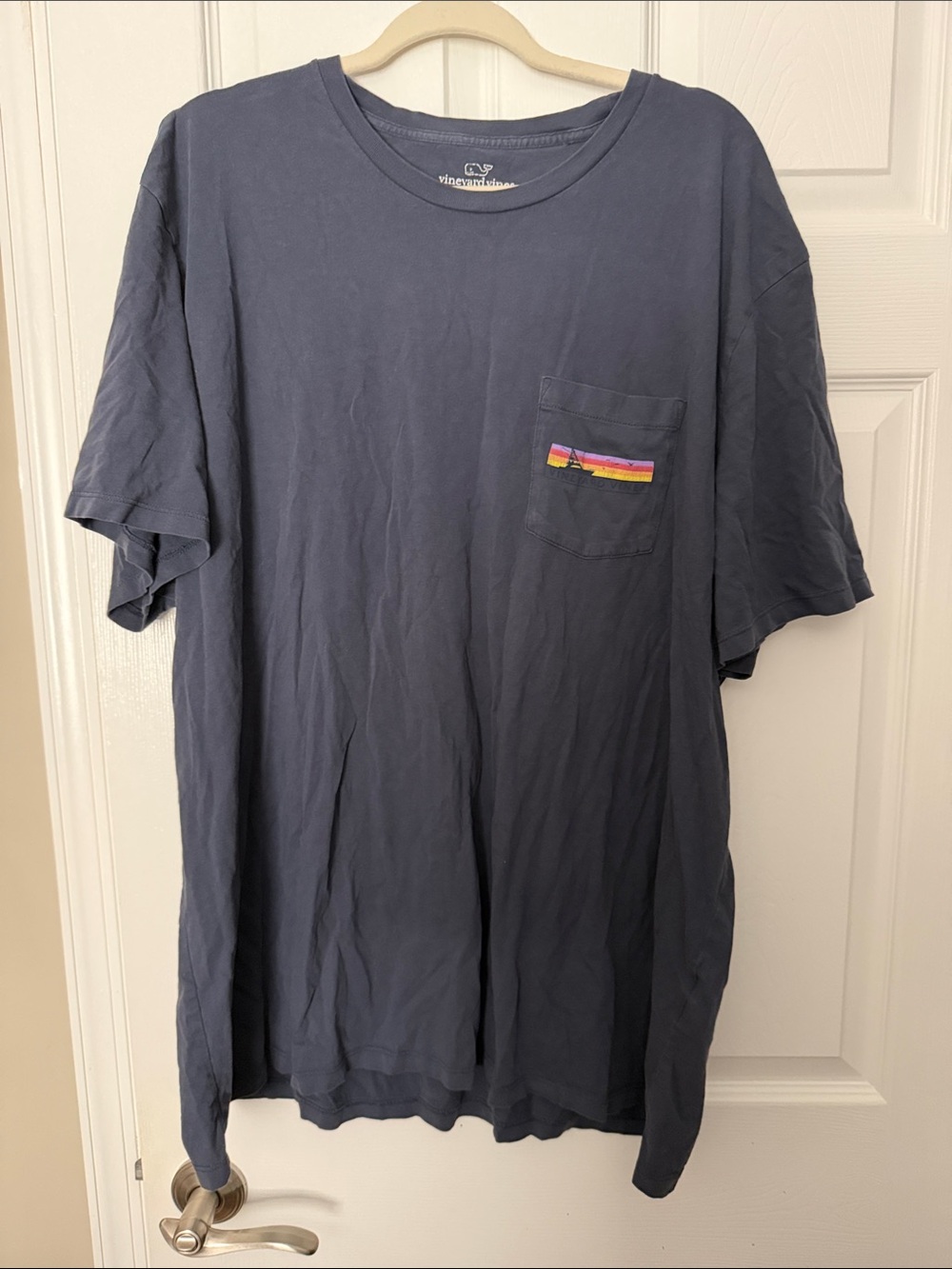 Vineyard Vines Navy Short-Sleeve Pocket Tee with Rainbow Stripe